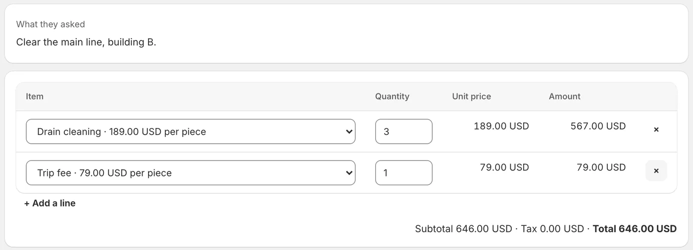 An estimate in the sample office: what the customer asked, clear the main line in building B, then two lines from the price list, drain cleaning three times at 189 dollars and a trip fee of 79 dollars, with a total of 646 dollars