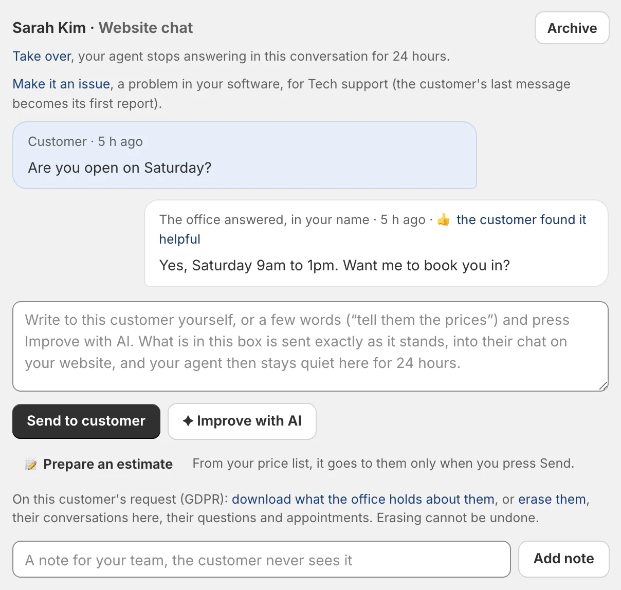 A conversation in the Inbox: the customer asks whether the business is open on Saturday, the office answers in the owner's name, and the customer marked the answer helpful; below, a box to write yourself and an Improve with AI button