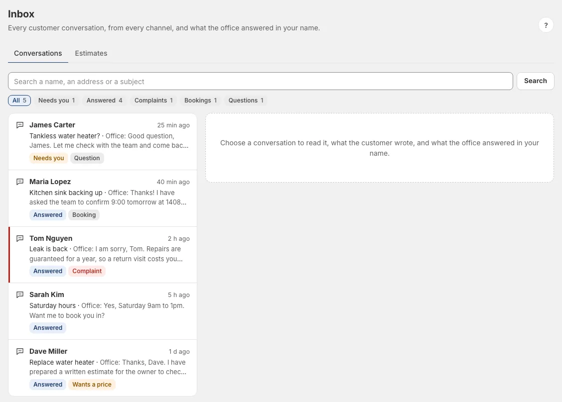 The Inbox of the sample office: five customer conversations, each with its last message and what the office answered, marked Needs you, Answered, Question, Booking or Complaint, with filters for each