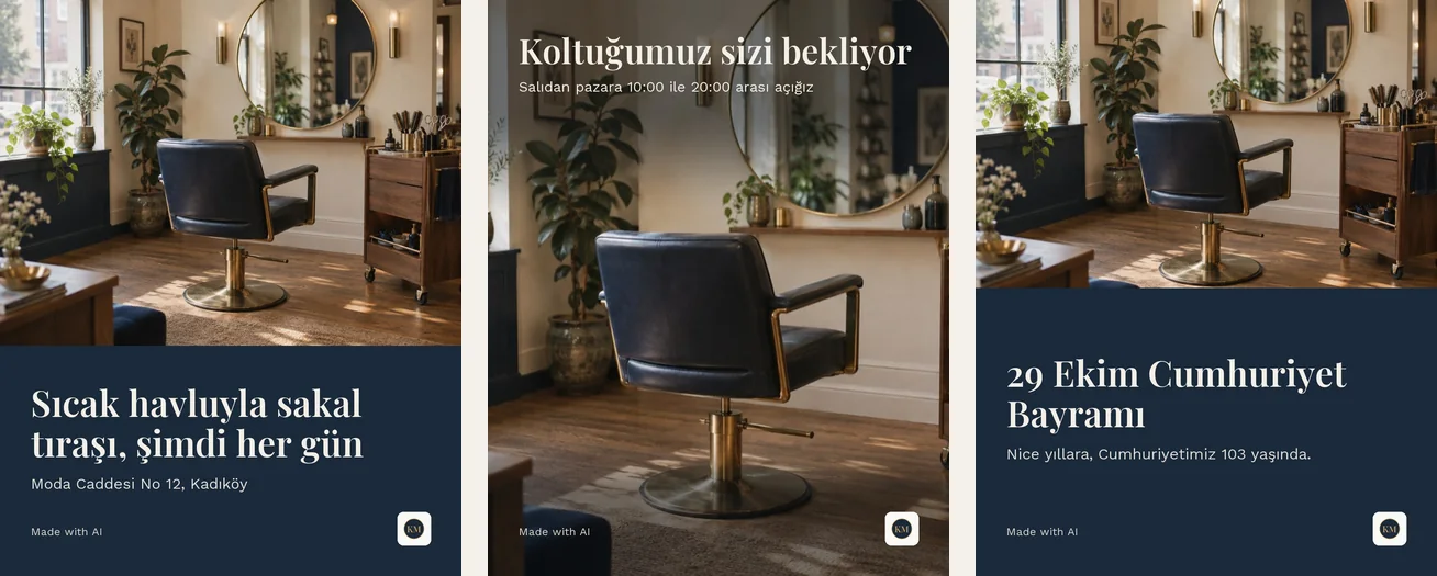 Three posts for a sample barber in Istanbul, in Turkish: a hot towel shave now every day, the chair waiting with opening hours from Tuesday to Sunday, and a greeting for Republic Day on 29 October