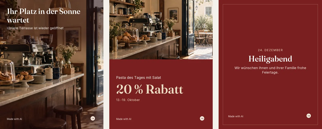 Three posts for a sample café in Germany, in German: the terrace is open again, 20 percent off the pasta of the day with salad from 13 to 19 October, and a Christmas Eve greeting card