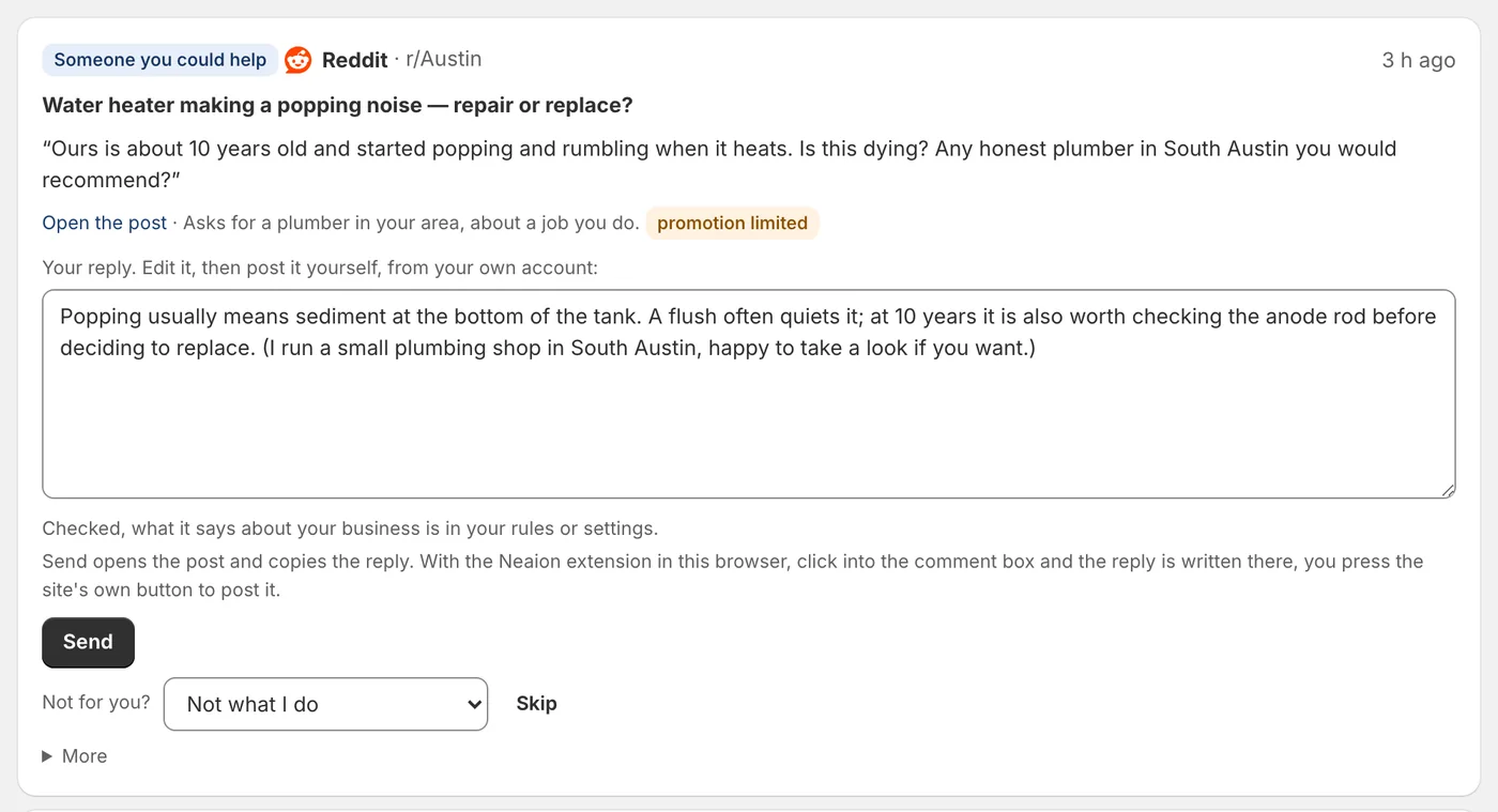 A find from Reddit in the sample office: someone in r/Austin asks whether a 10 year old water heater that pops should be repaired or replaced, with a drafted reply that ends by saying it is written by a small plumbing shop in South Austin, and Send and Skip buttons